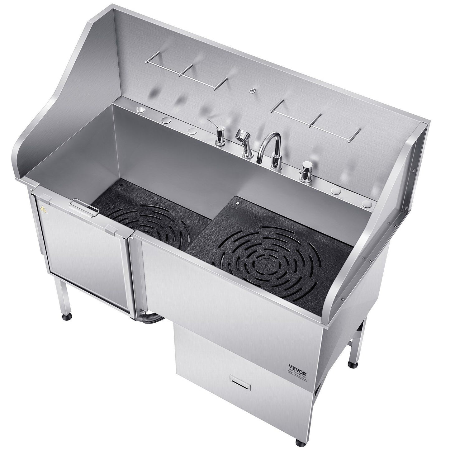 Stainless steel dog grooming tub with dual compartments and adjustable faucets for efficient grooming