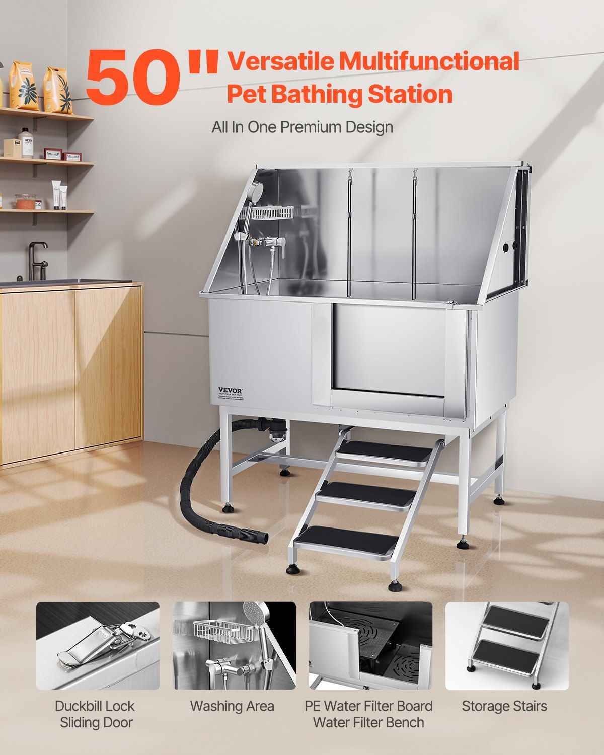 50 inch stainless steel dog grooming tub with multifunctional features and storage stairs for easy pet bathing