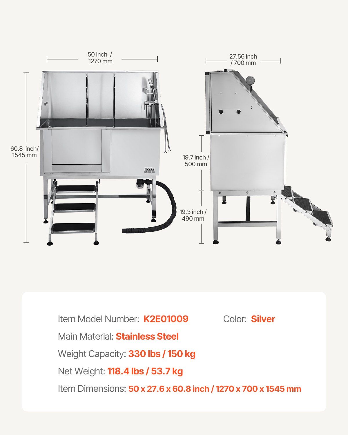 Stainless steel dog grooming tub with drainage, steps, and ample space for grooming large dogs