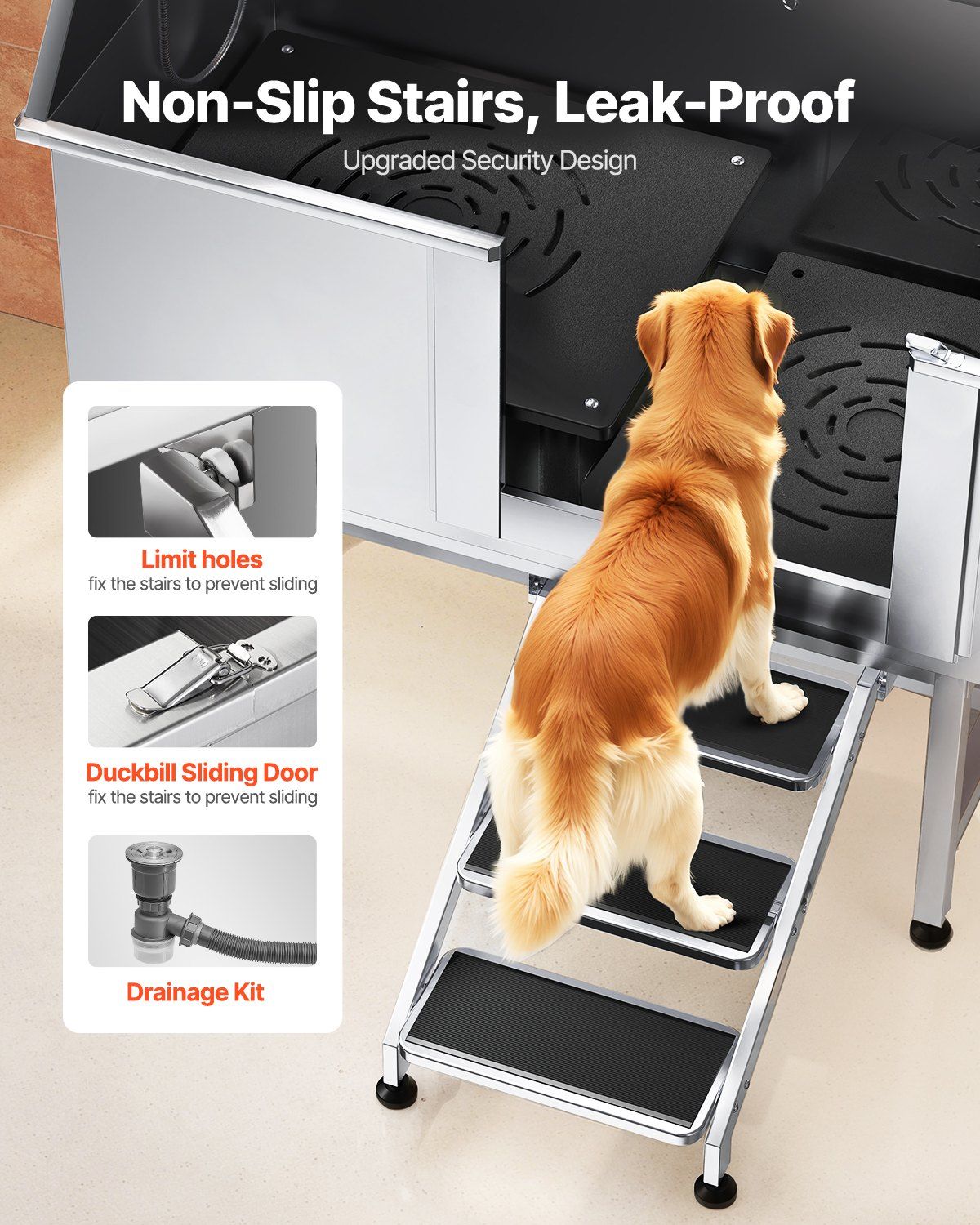Non-slip stairs for stainless steel dog grooming tub with leak-proof design and drainage kit