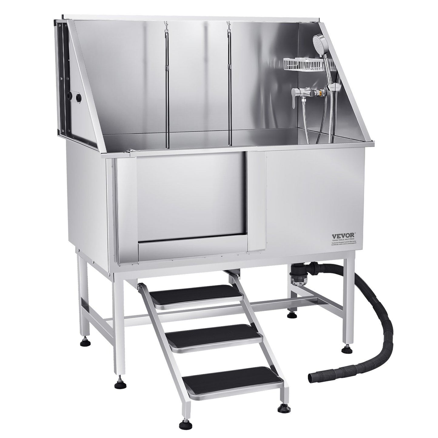 Stainless steel dog grooming tub with adjustable showerhead and easy access steps for pet washing