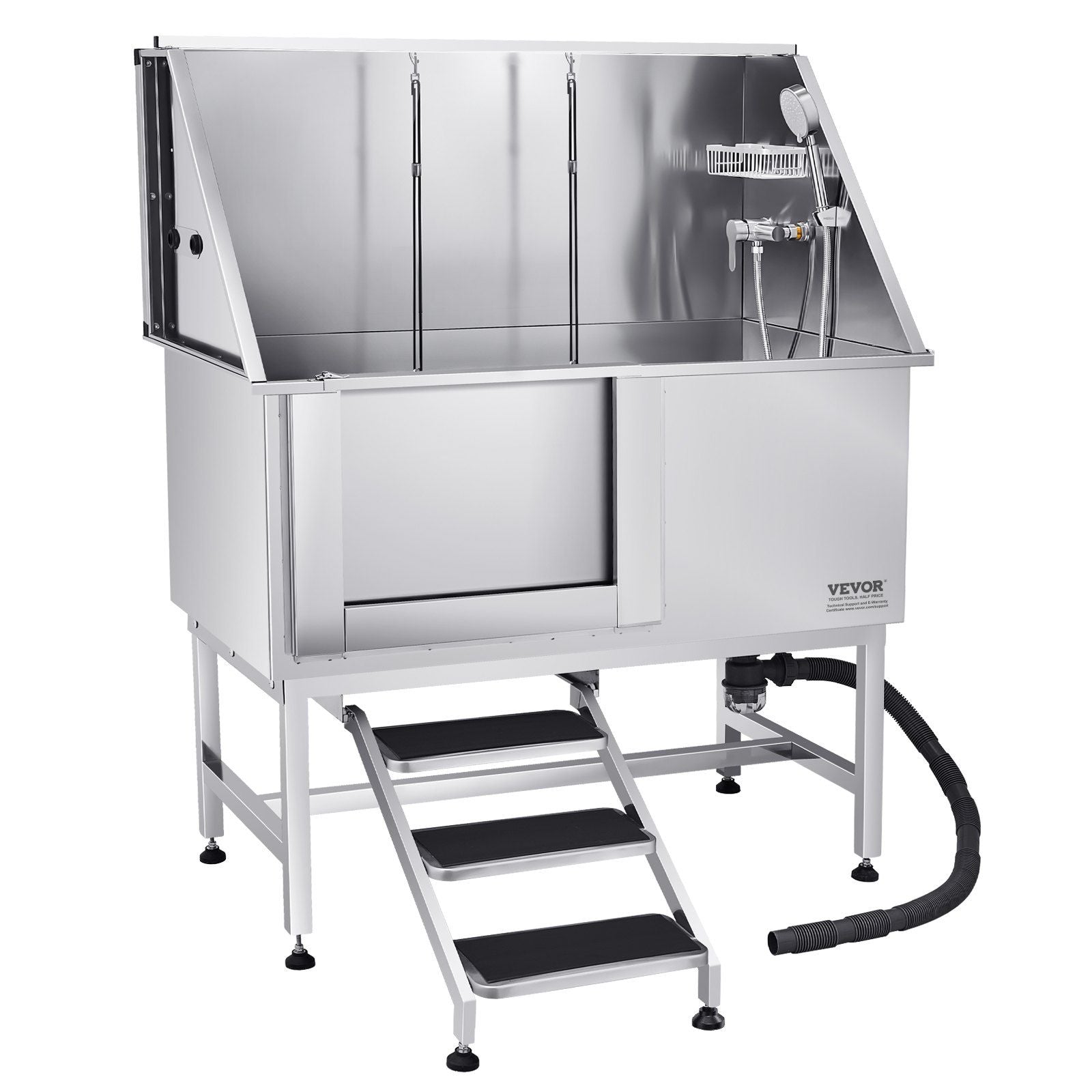 Stainless steel dog grooming tub with adjustable showerhead and easy access steps for pet washing