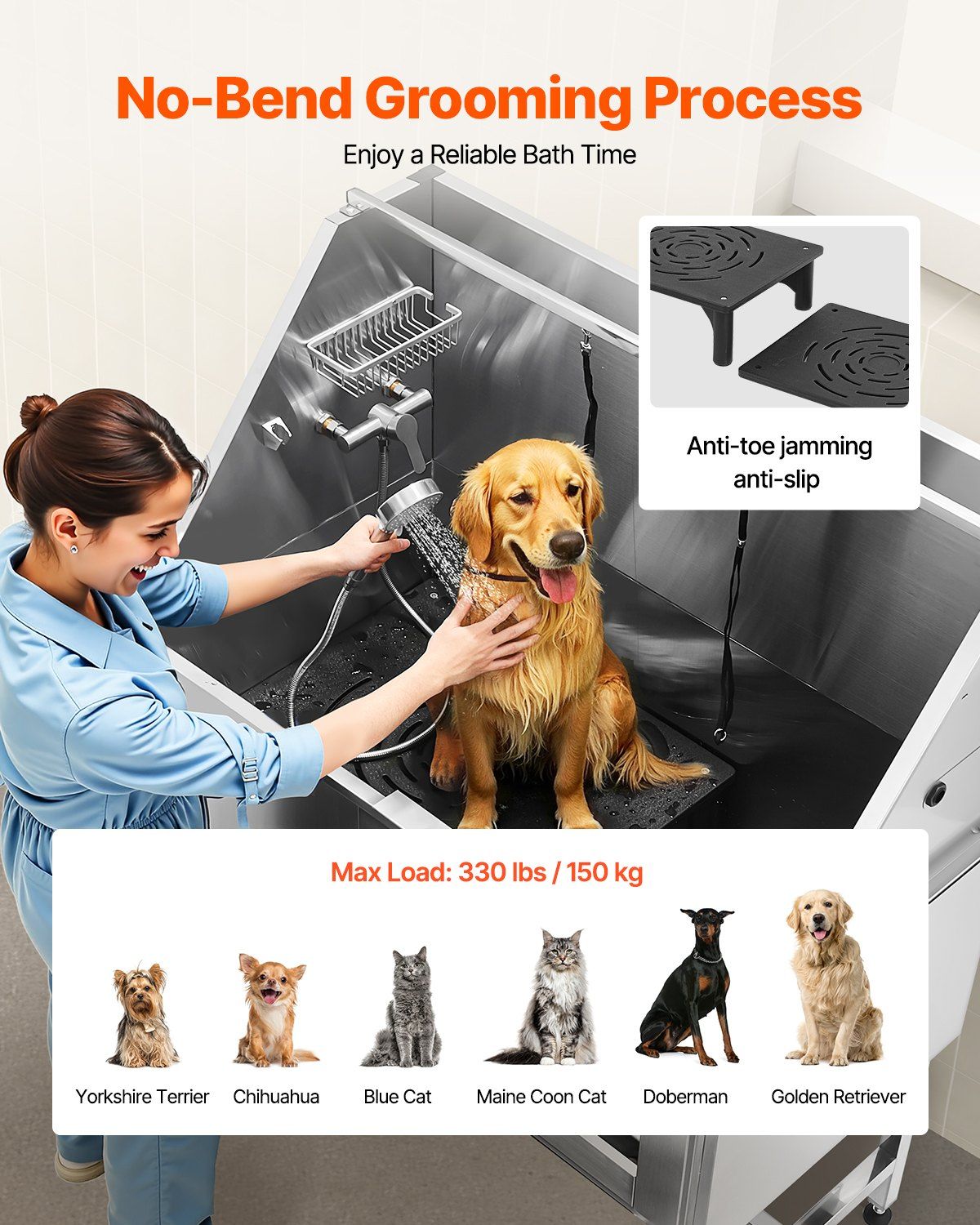 Stainless steel dog grooming tub with anti-slip mat, showcasing no-bend grooming for various pets.