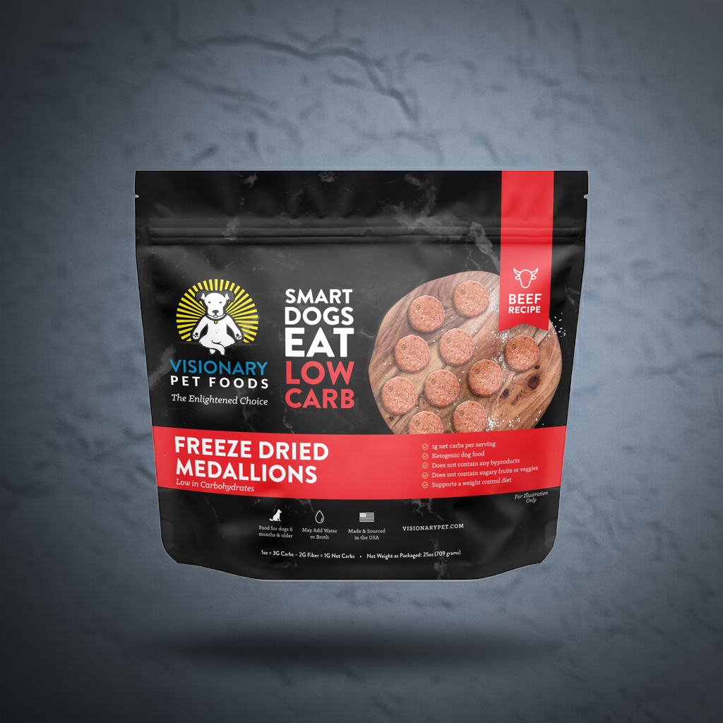 Visionary Pet Foods Freeze Dried Dog Food Beef Medallions in Low Carb Recipe for Smart Dogs