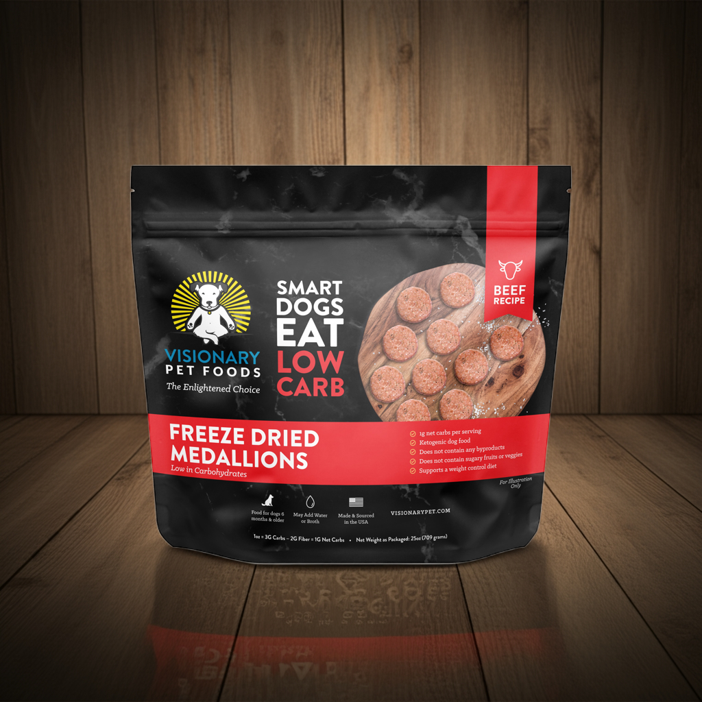Visionary Pet Foods freeze dried dog food beef medallions in a low carb recipe for smart dogs
