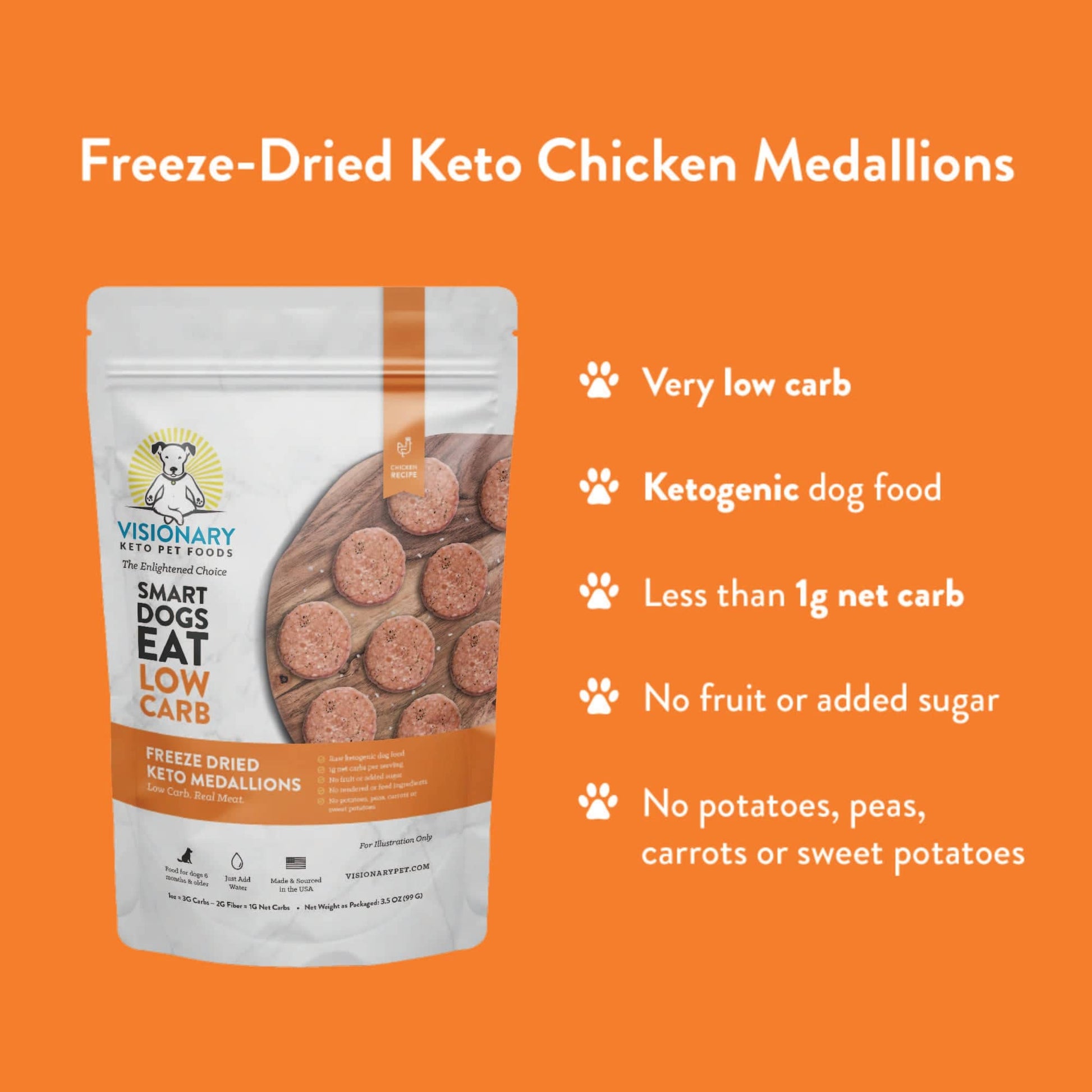 Visionary Pet Foods Freeze Dried Dog Food Chicken Medallions Ideal for Low Carb Diets