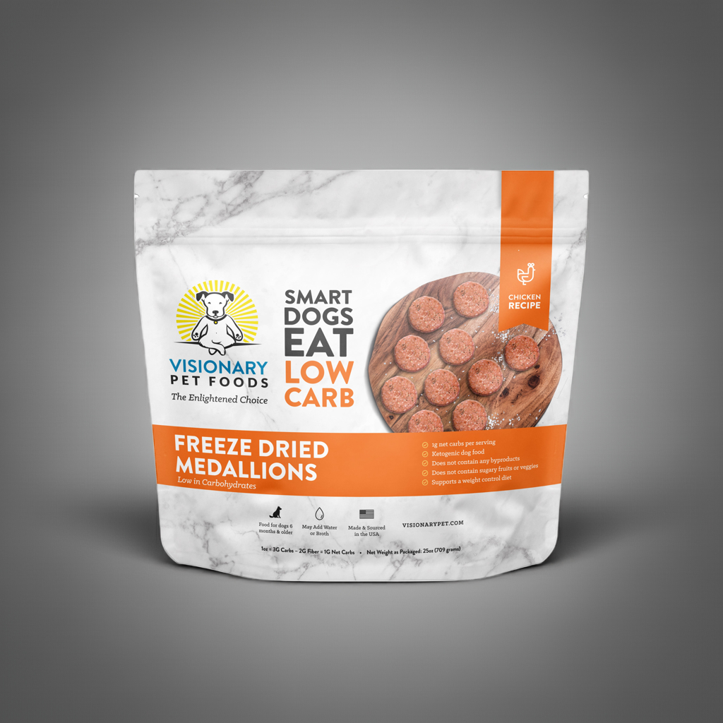 Visionary Pet Foods freeze dried dog food chicken medallions in a low carb recipe package