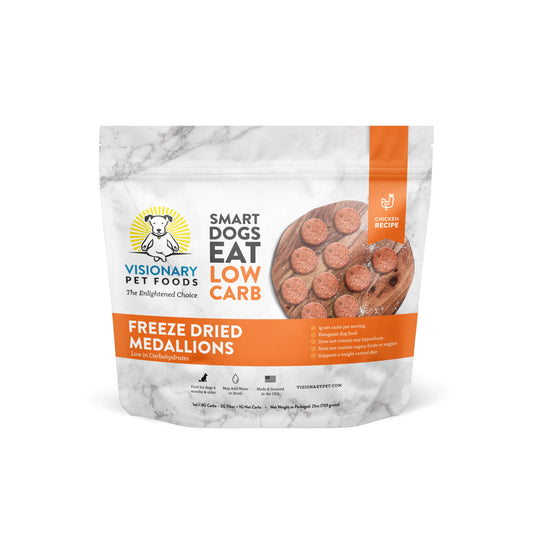 Visionary Pet Foods freeze dried dog food chicken medallions in a low carb recipe for healthy meals