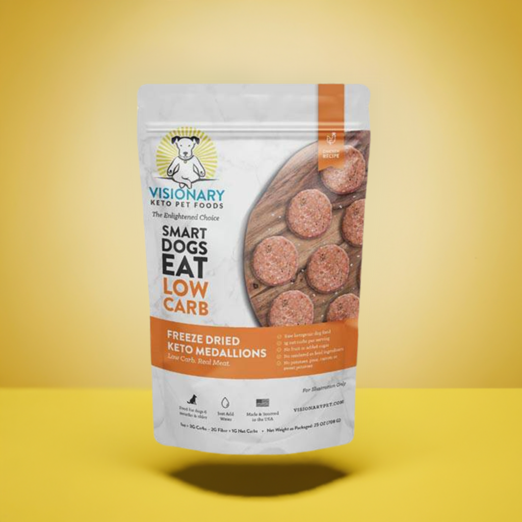 Visionary Pet Foods freeze dried dog food chicken in a low carb formula with medallions for smart dogs