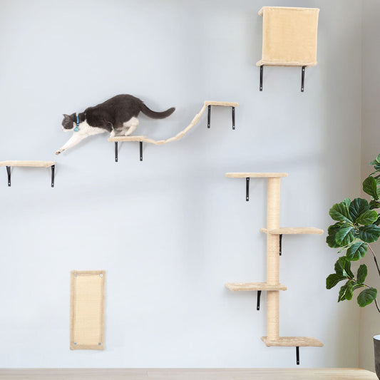 Beige wall mounted cat climber set with platforms and a climbing post featuring a gray and white cat climbing