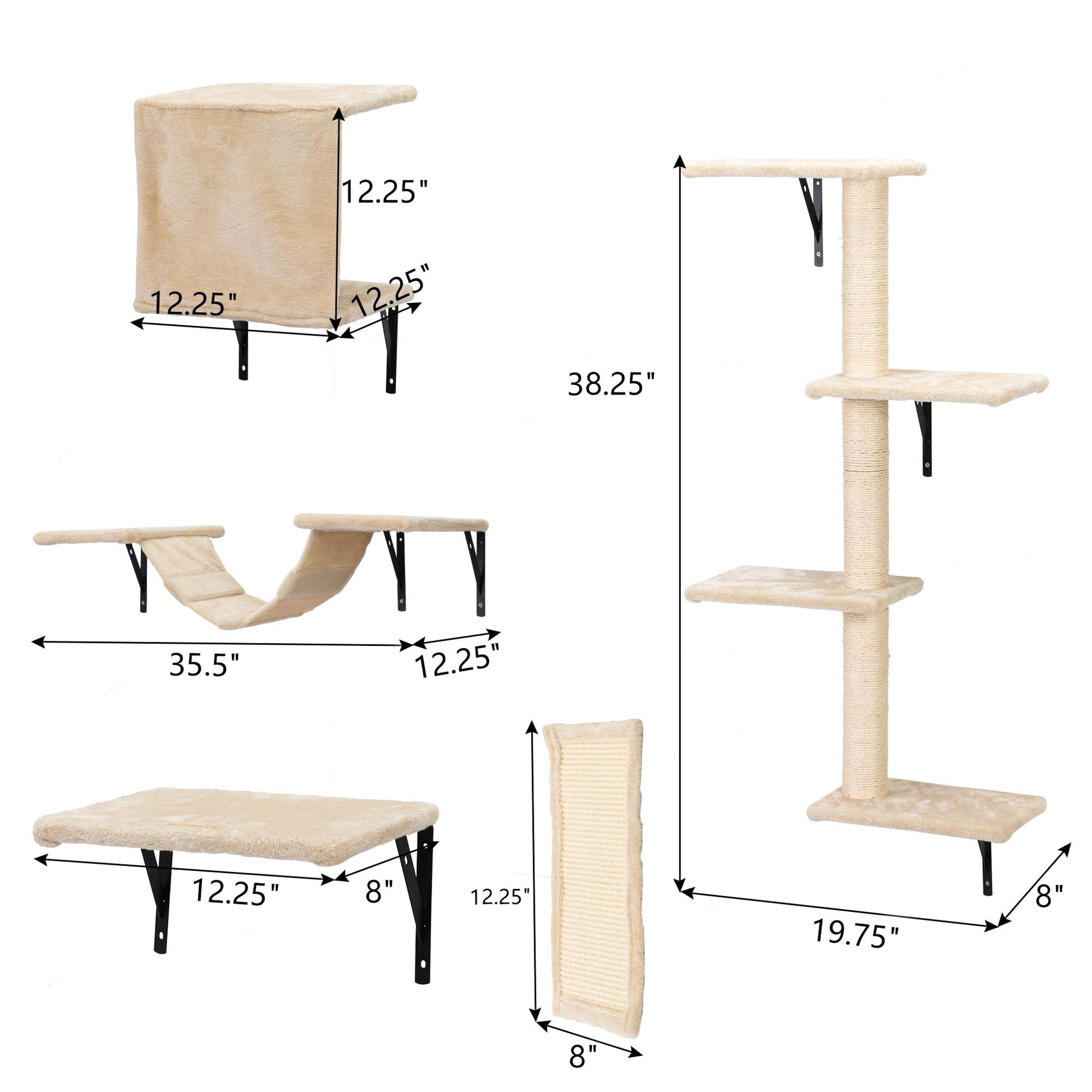 Beige wall mounted cat climber set with multiple platforms, scratching post, and hammock from PawCounter.com