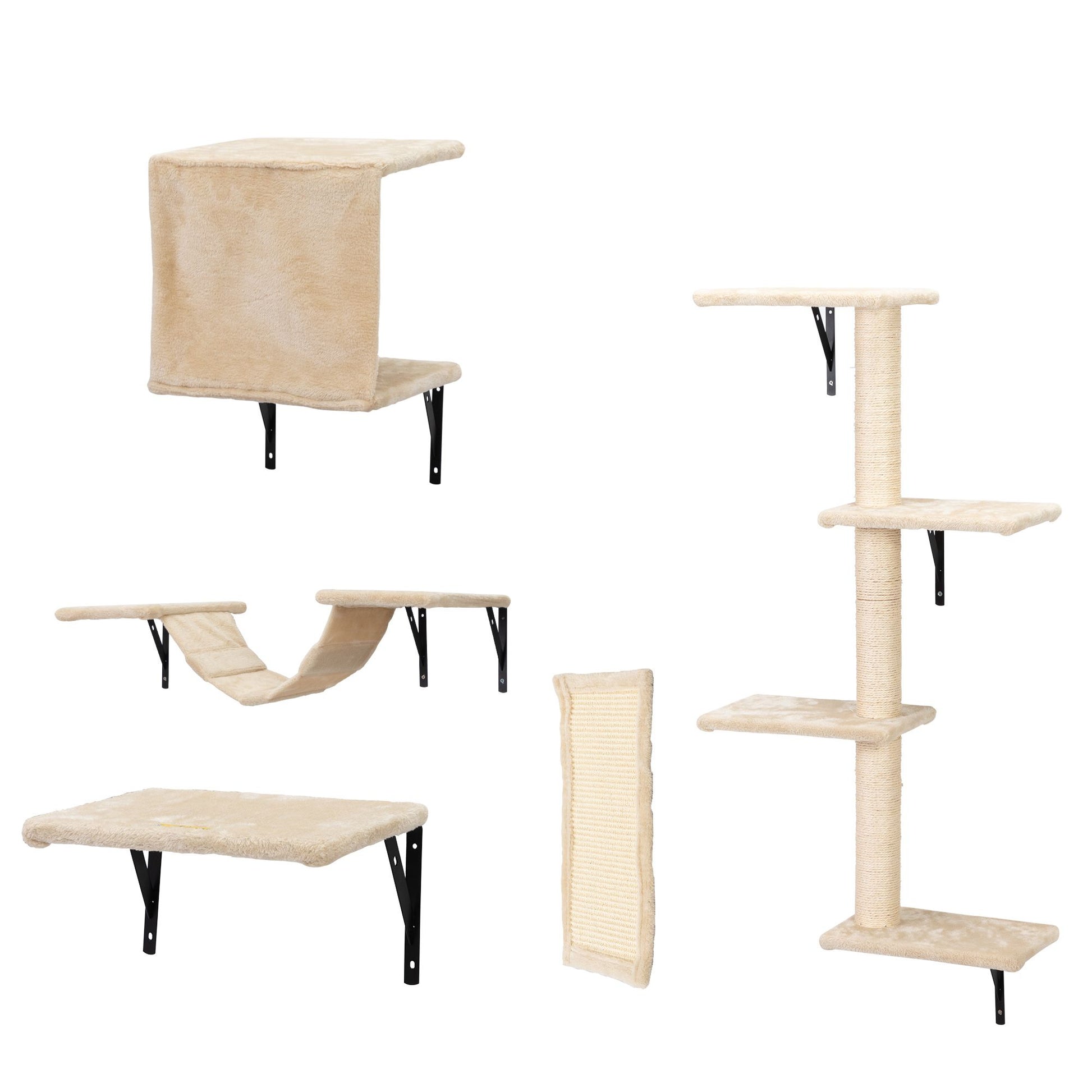 Beige wall mounted cat climber set with shelves, hammock, and scratching pad for cats