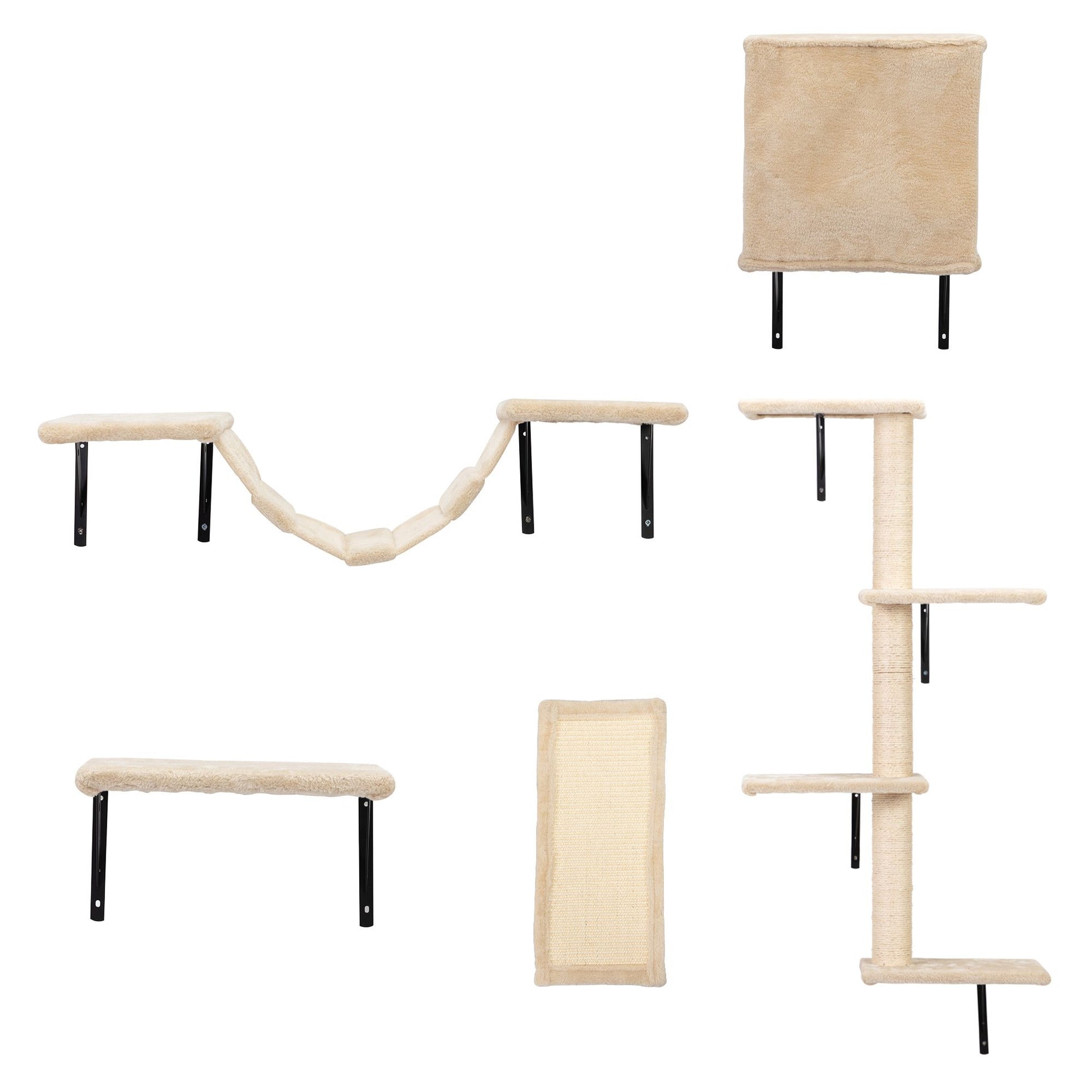 Beige wall mounted cat climber set with shelves, hammock, scratching pad, and climbing tower