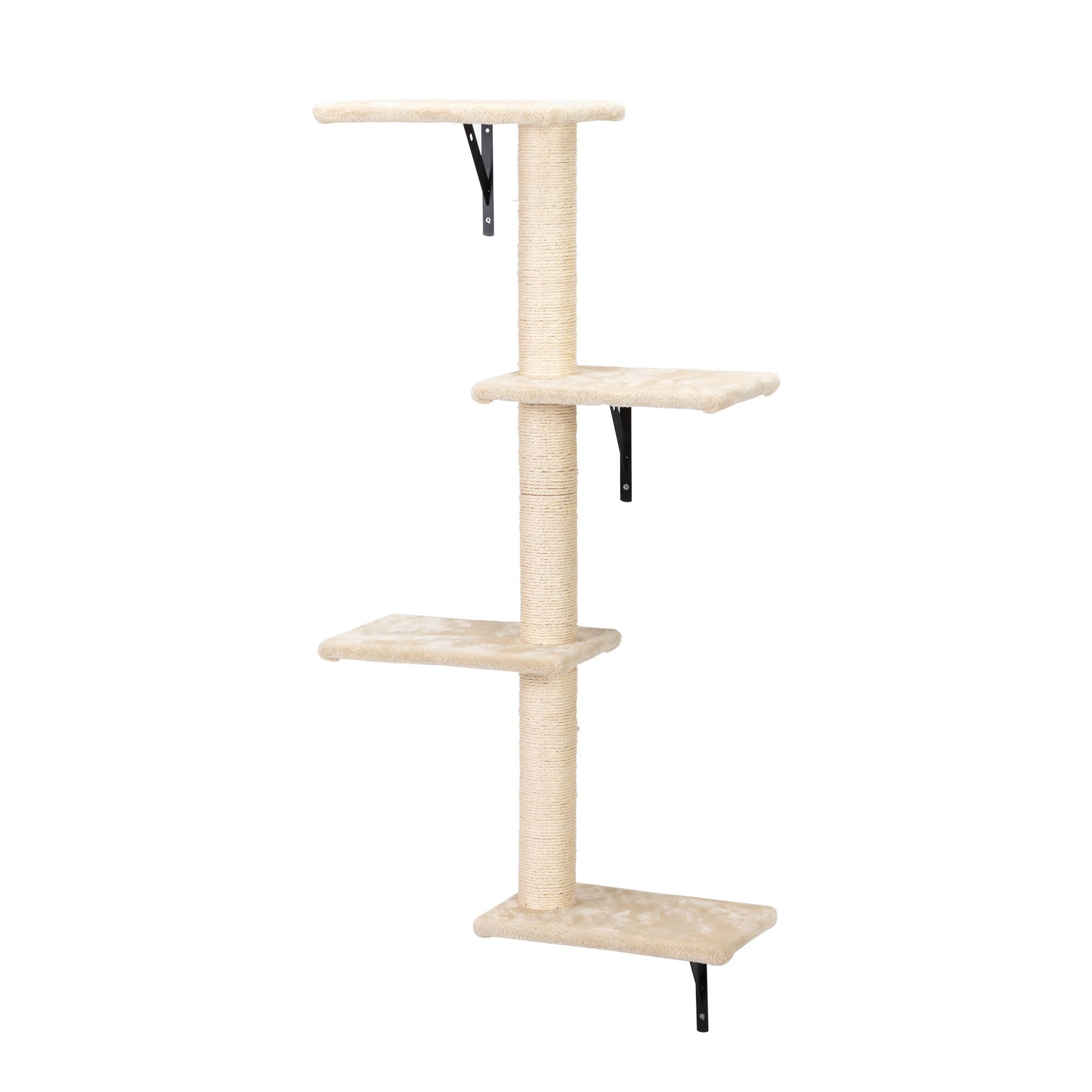 Beige wall mounted cat climber set with multiple platforms for cats to climb and rest