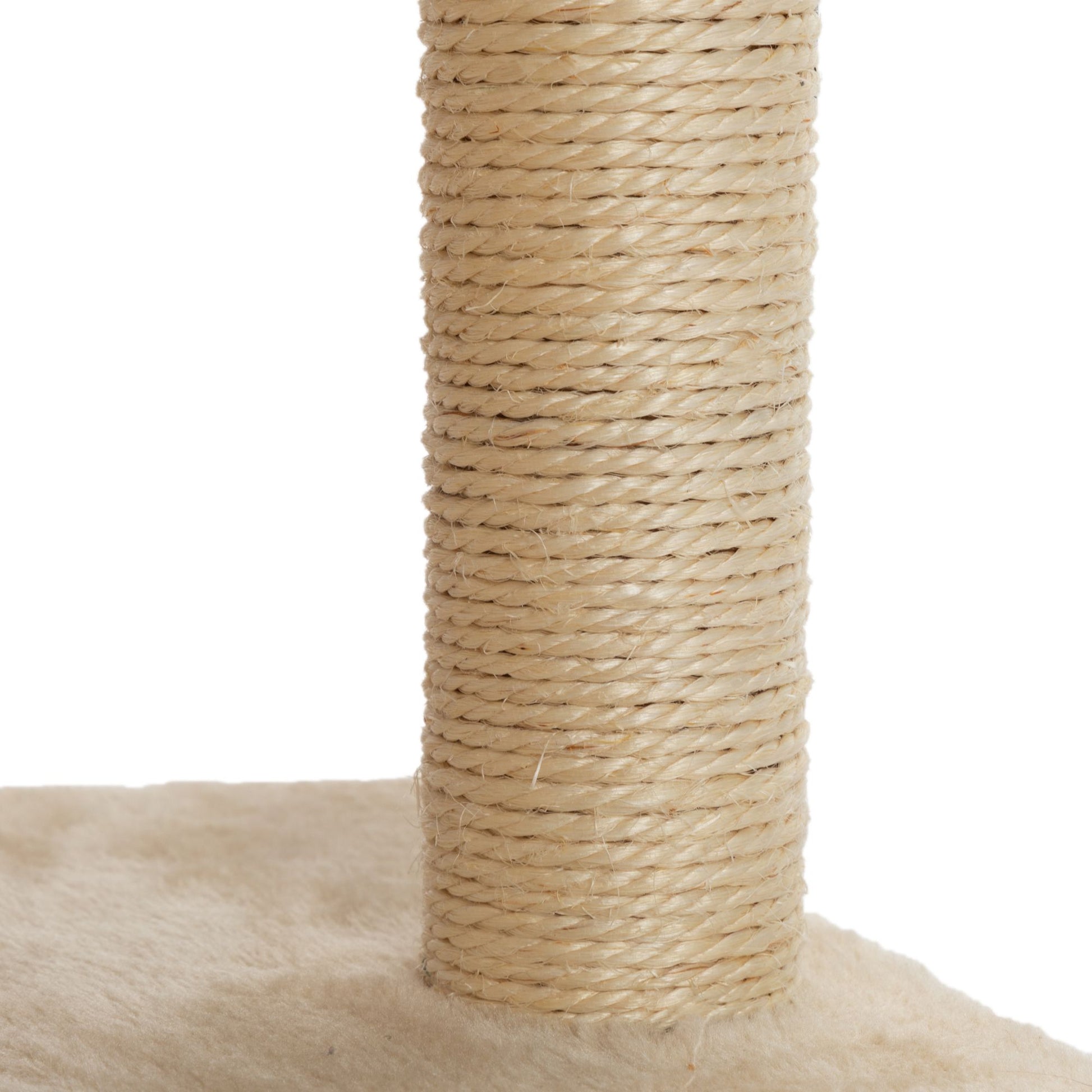 Close-up of sisal rope scratching post on beige platform for wall mounted cat climber set
