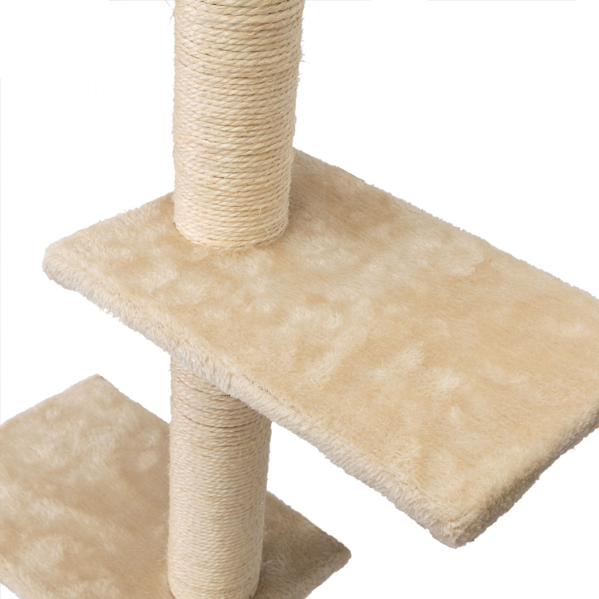 Beige wall mounted cat climber set with sisal-wrapped posts and soft carpeted platforms