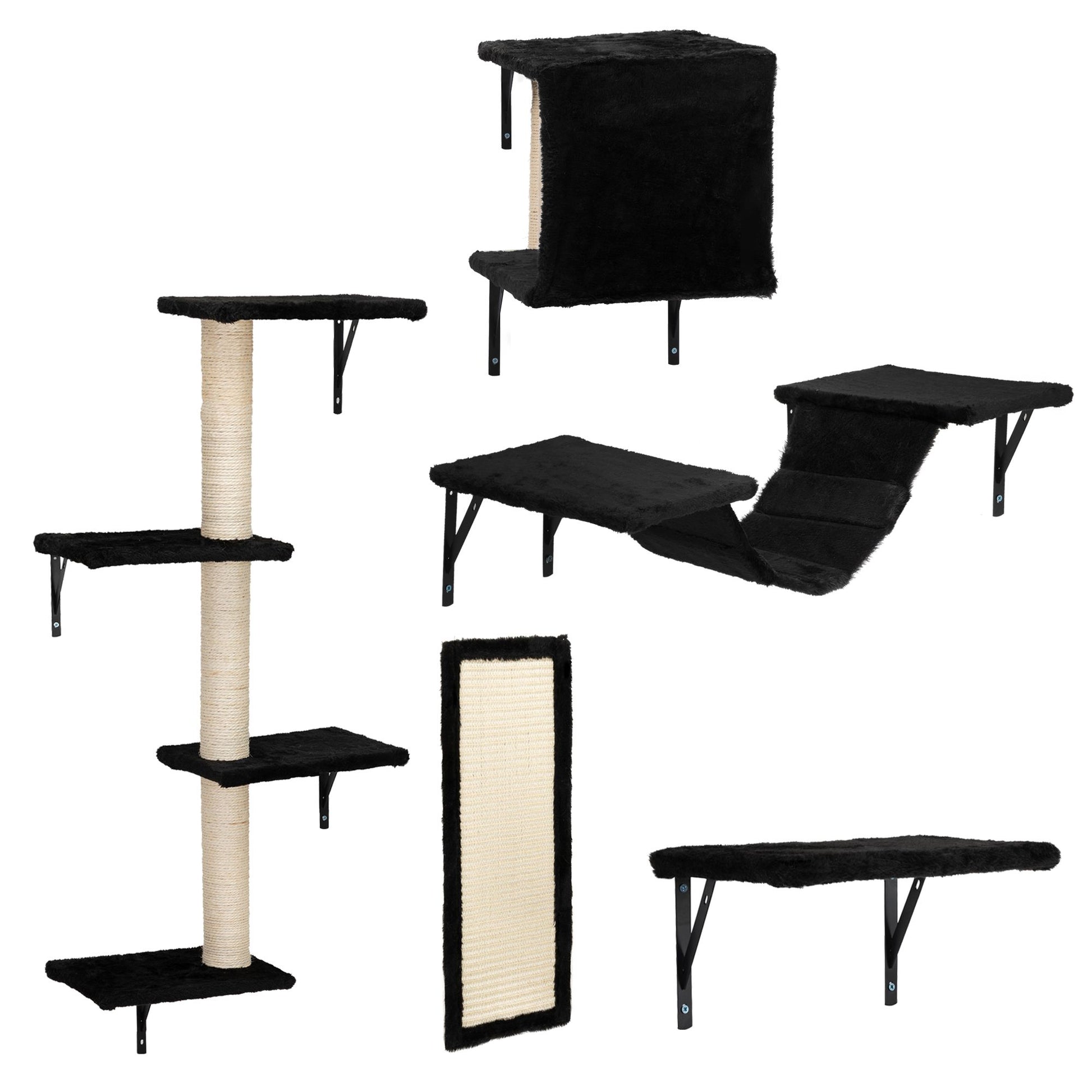 Black wall mounted cat climber set with multiple platforms, cubby, and scratching pad for cats
