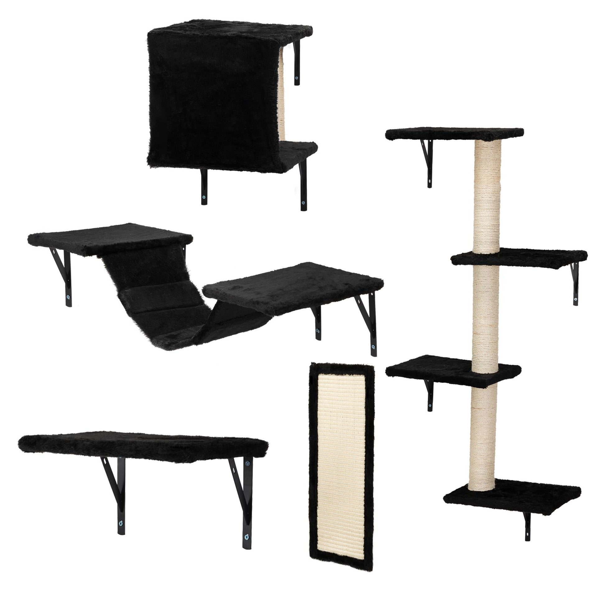 Wall mounted cat climber set with black shelves, sisal scratching posts, and cozy hideout from PawCounter.com