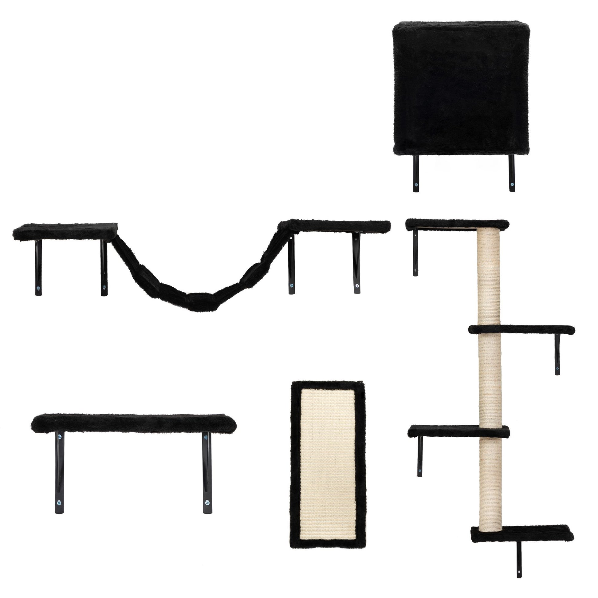 Wall mounted cat climber set with black platforms, sisal scratching post, and cushioned climbing bridge