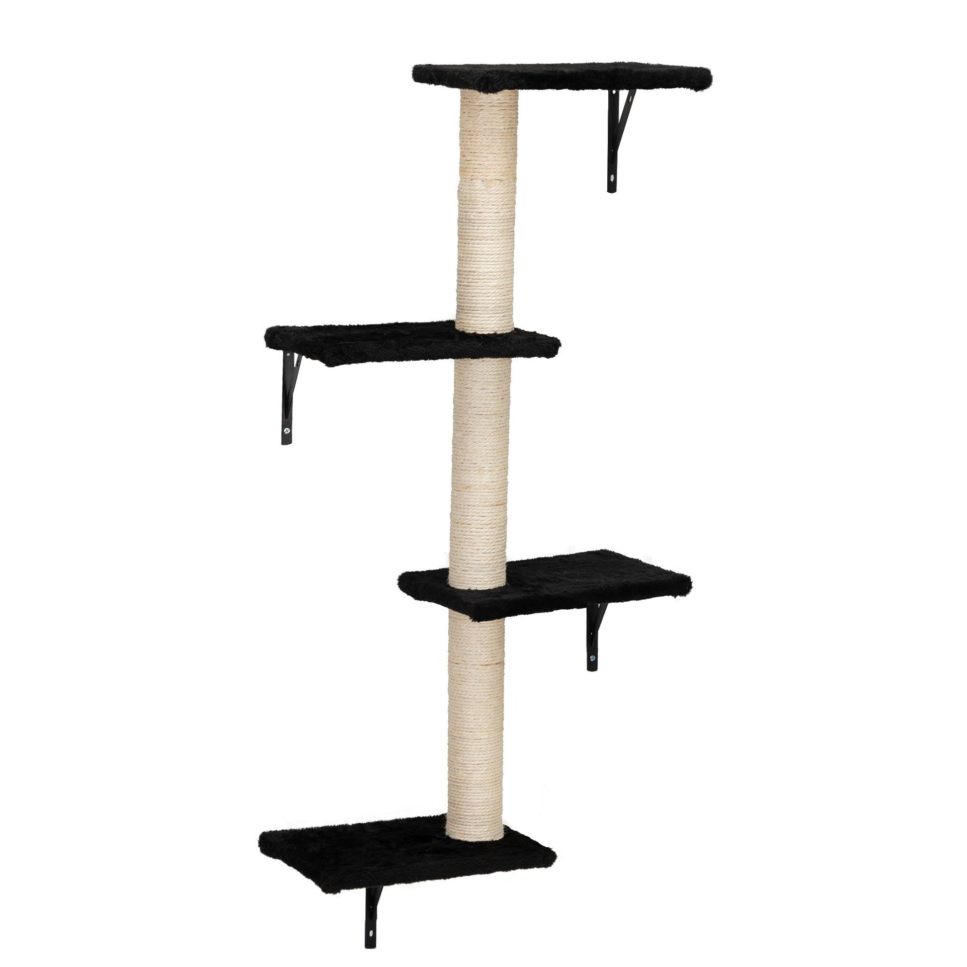 Black and beige wall mounted cat climber set with multiple platforms and scratching posts