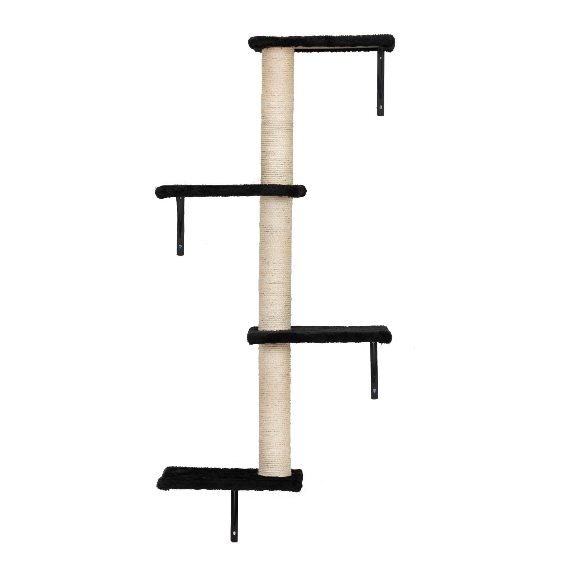 Wall mounted cat climber set with multiple black platforms and central sisal scratching post