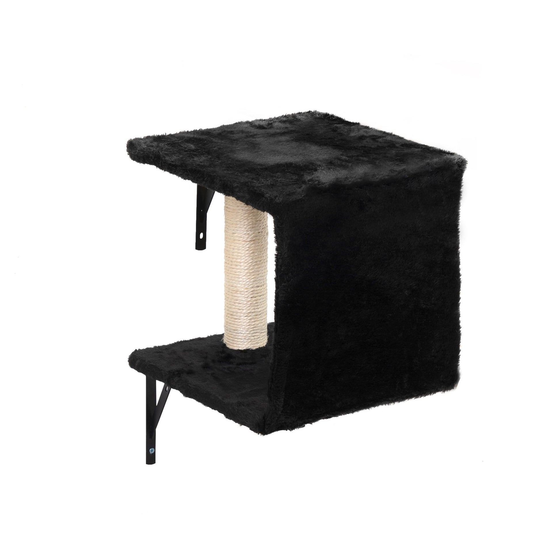 Wall mounted cat climber set with black plush cover and vertical sisal scratching post