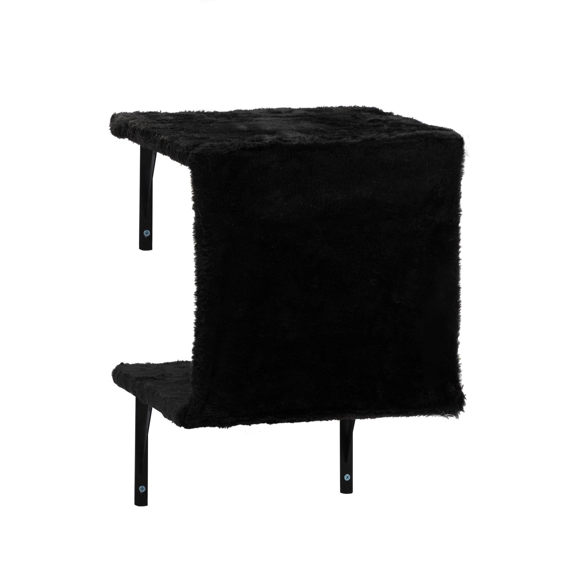 Black plush wall mounted cat climber set featuring two levels for cats to climb and rest