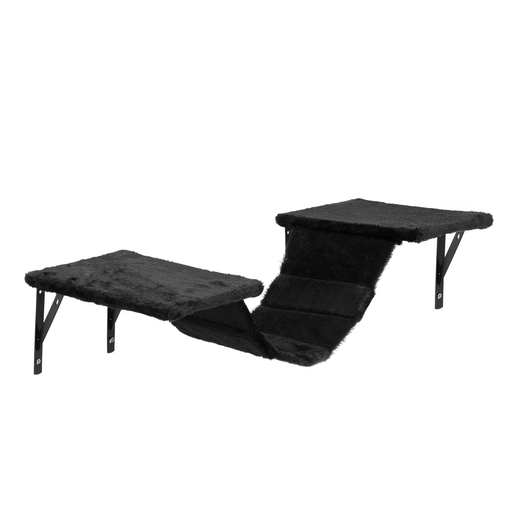 Black wall mounted cat climber set with plush platforms and ramp for cats to climb and rest
