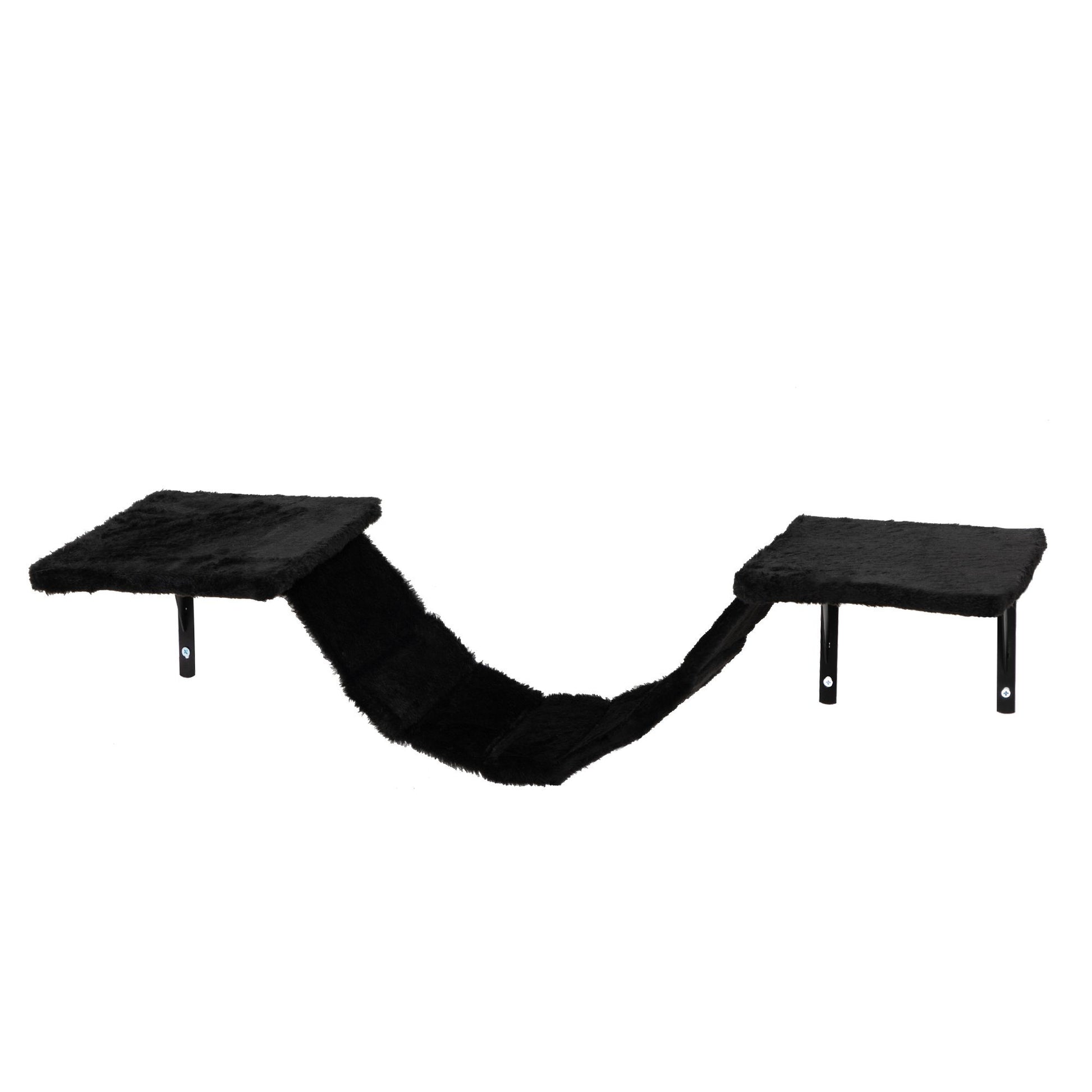 Black wall mounted cat climber set with two platforms connected by a soft ramp for cats