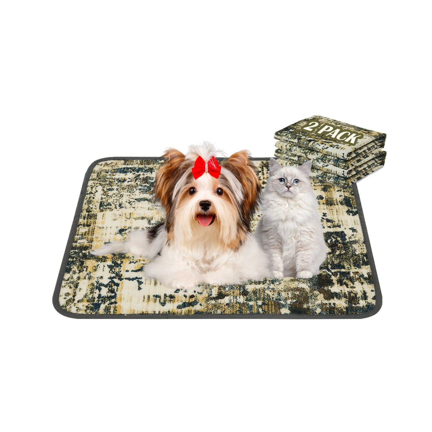 Washable pee pads for dogs with durable fabric and stylish design shown with dog and cat on pad