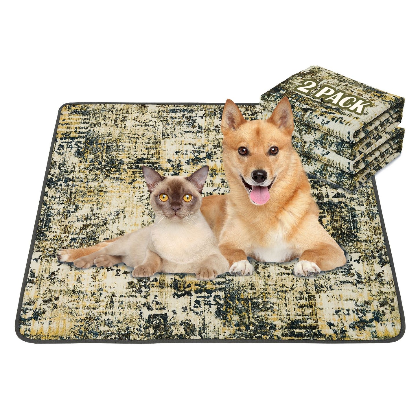 Washable pee pads for dogs with abstract pattern shown with dog and cat lying on pad and two-pack set