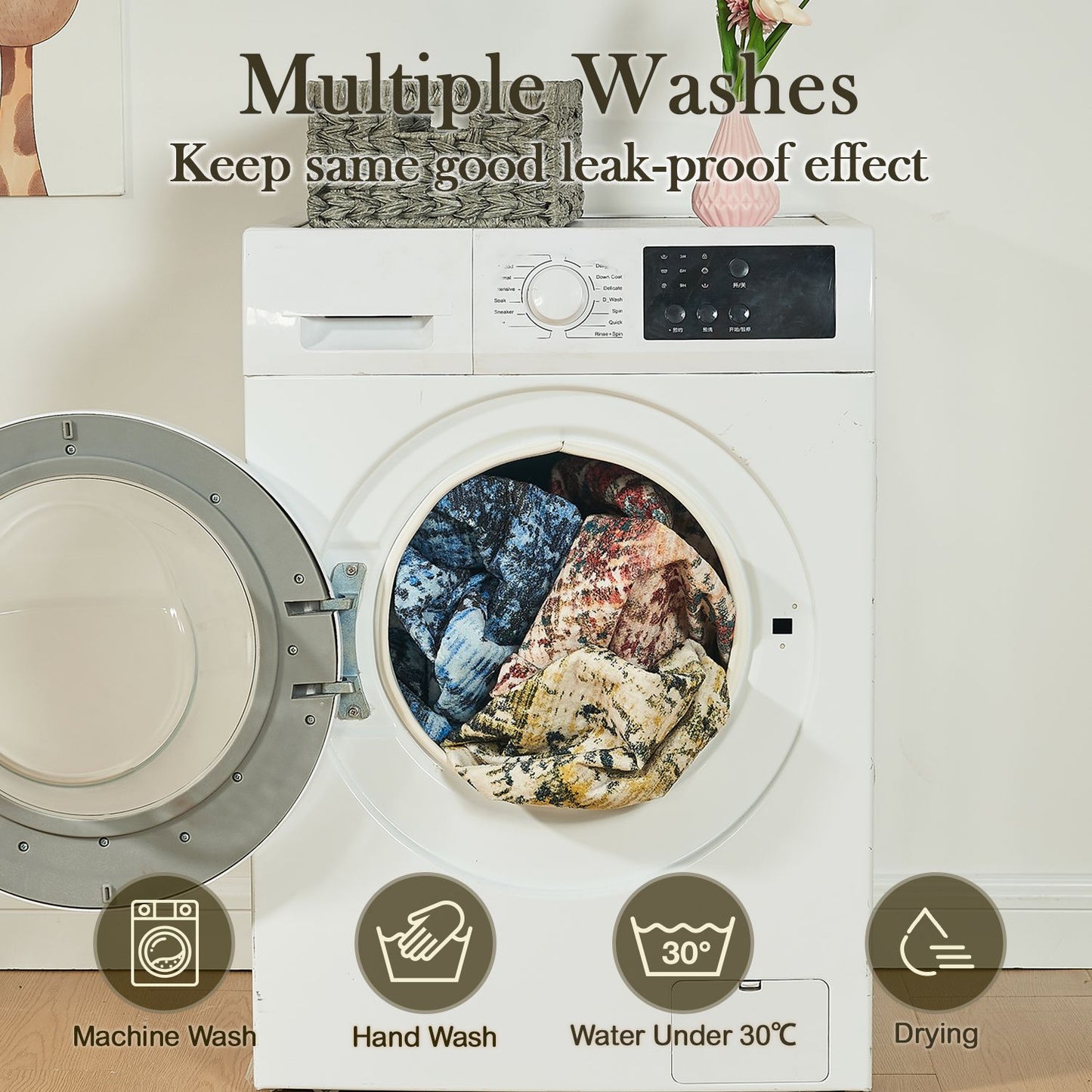 Front-loading washing machine with washable pee pads for dogs inside showing multiple wash options
