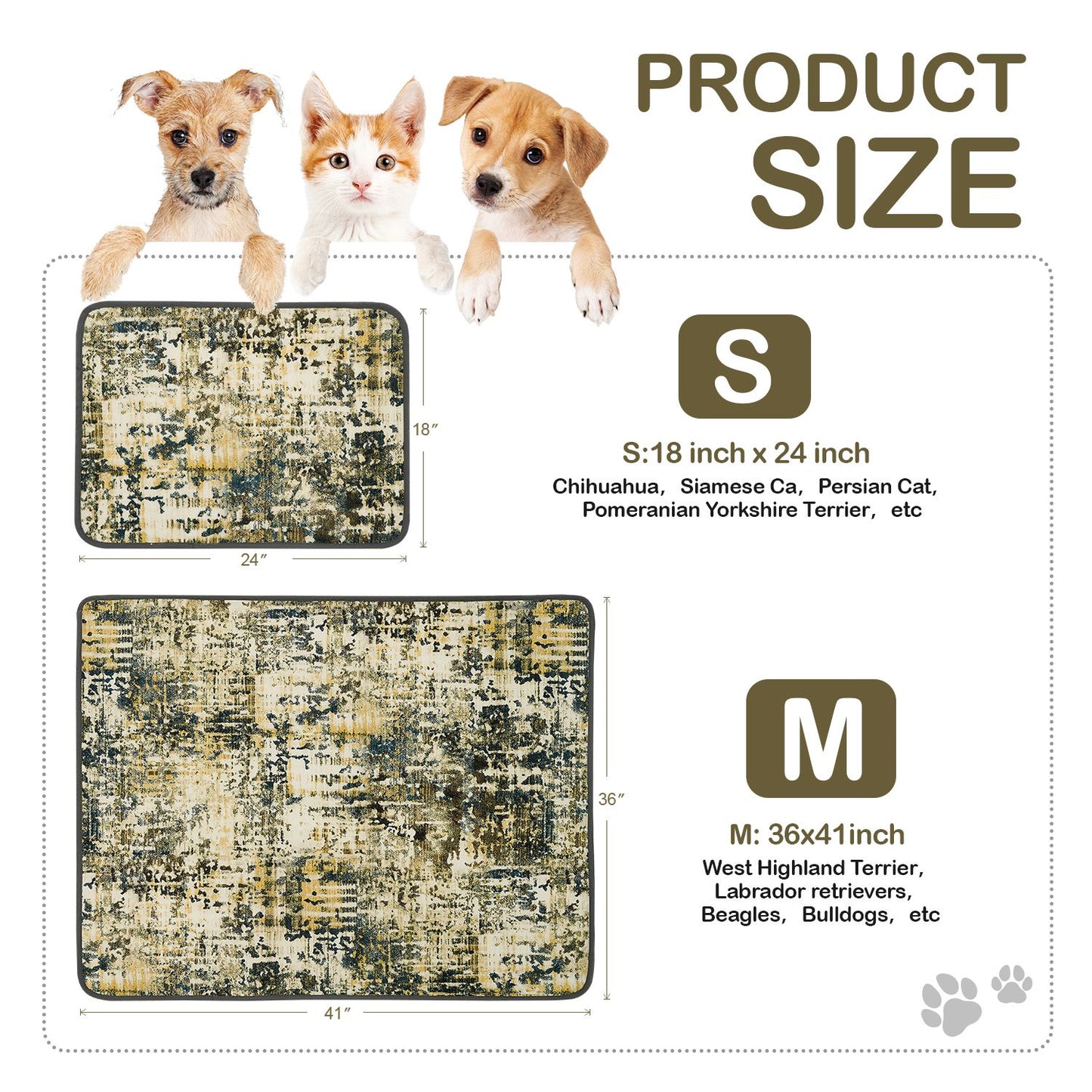 Washable pee pads for dogs in small and medium sizes with recommended dog breeds and measurement details