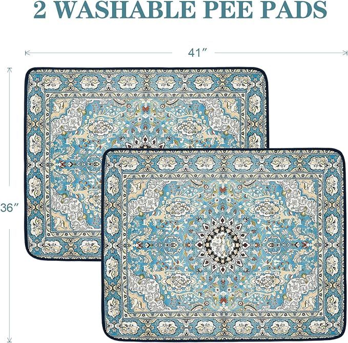 Two washable pee pads for dogs with blue ornate floral patterns measuring 41 by 36 inches