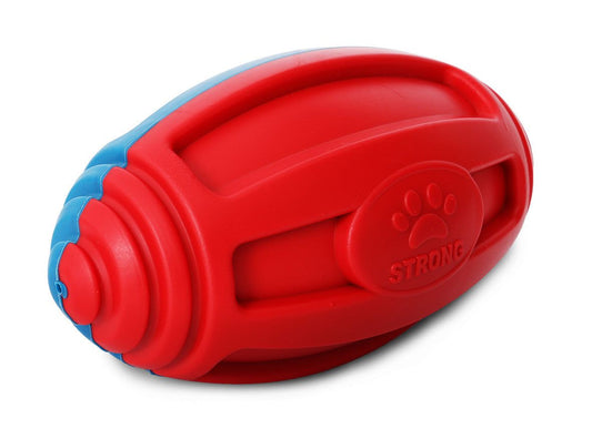 Red and blue durable water floating dog football toy from PawCounter.com for pet play
