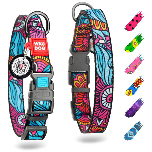 Colorful adjustable nylon dog collar with floral pattern and secure buckle from PawCounter.com