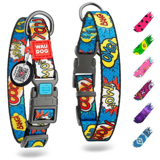 Adjustable nylon dog collar with colorful comic book design and secure plastic buckle from PawCounter.com