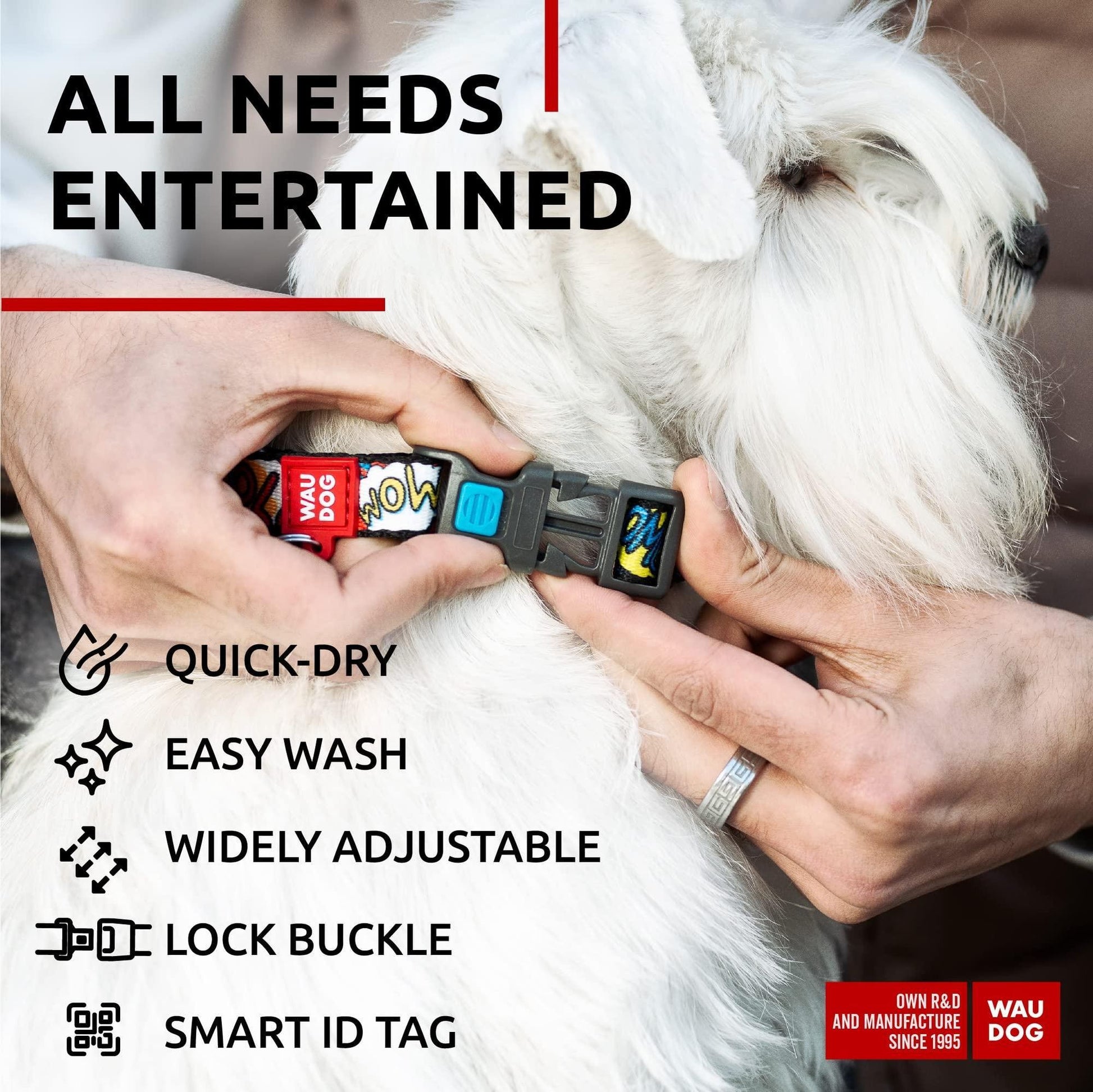 Adjustable nylon dog collar with lock buckle and smart ID tag on white dog by PawCounter.com