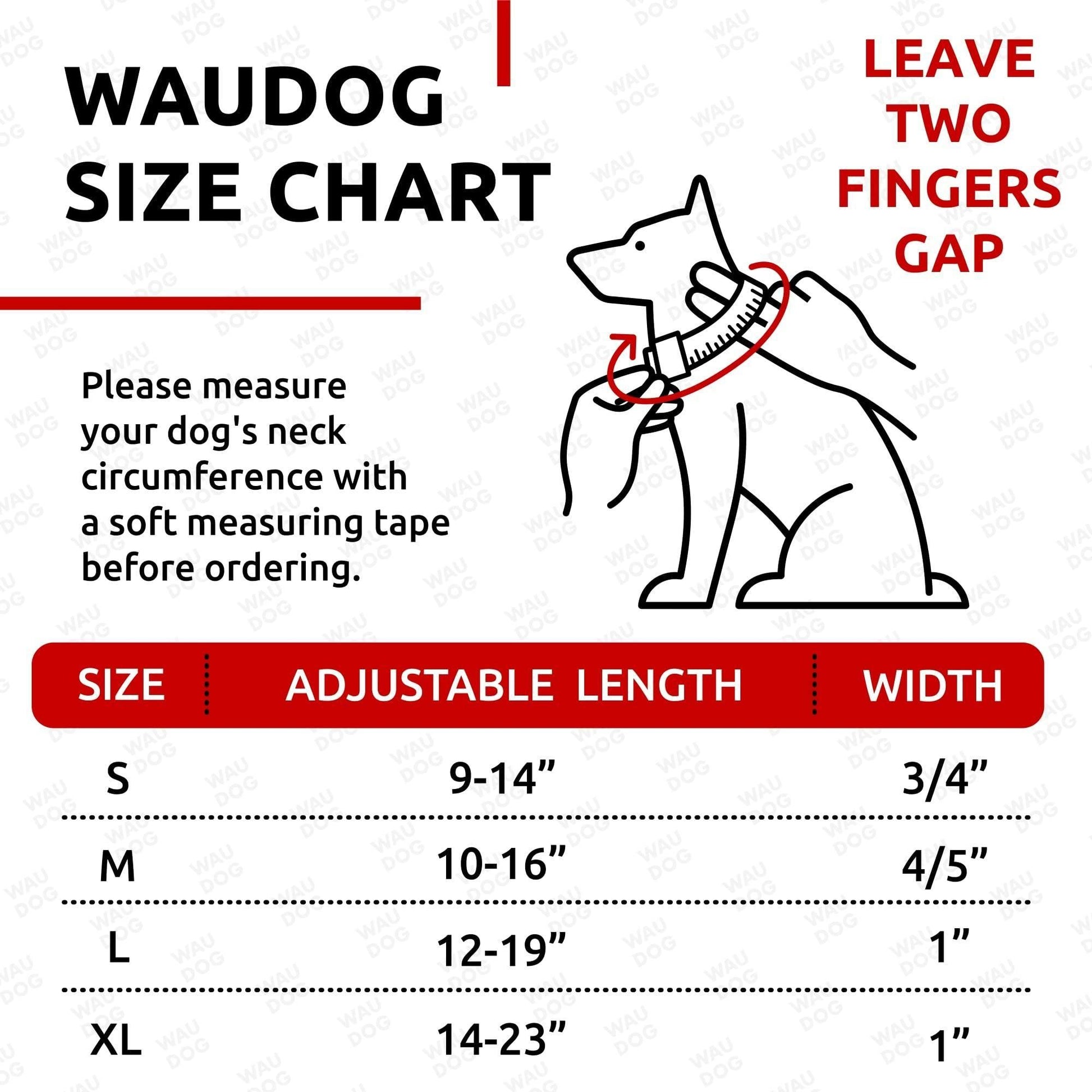 Waudog size chart showing adjustable nylon dog collar measurements with neck circumference guide