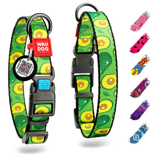 Avocado dog collar adjustable with green avocado pattern and durable buckle from PawCounter.com