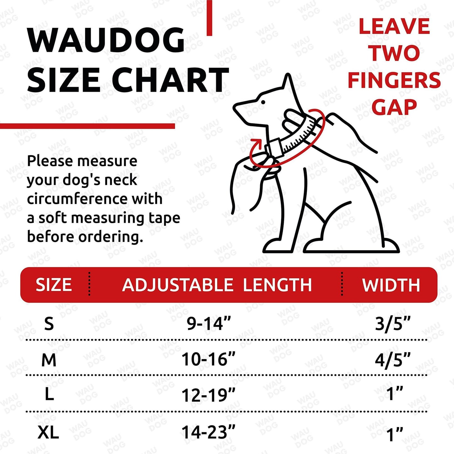Waudog size chart for avocado dog collar adjustable with neck measurements and fitting instructions
