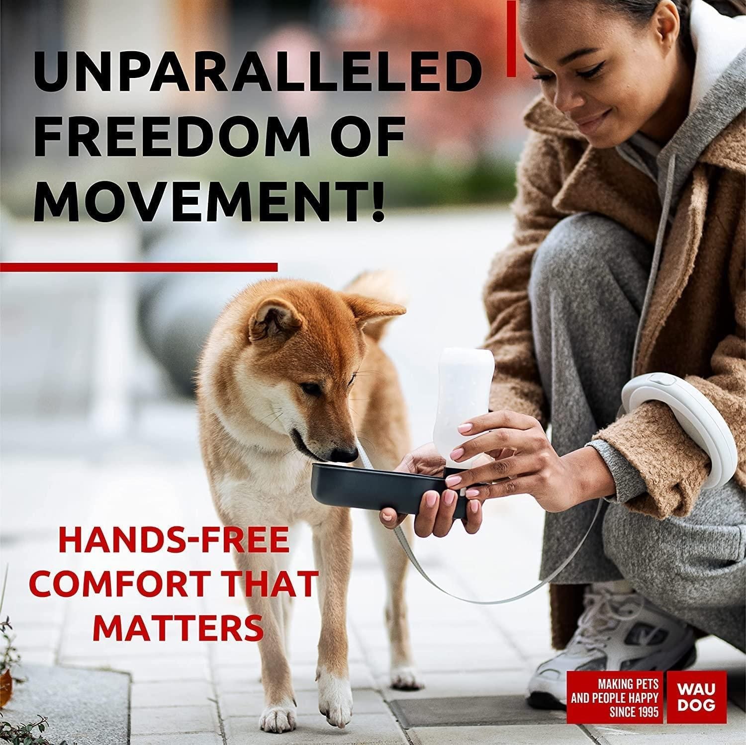 Person using a hands free retractable dog leash while walking a Shiba Inu dog outdoors