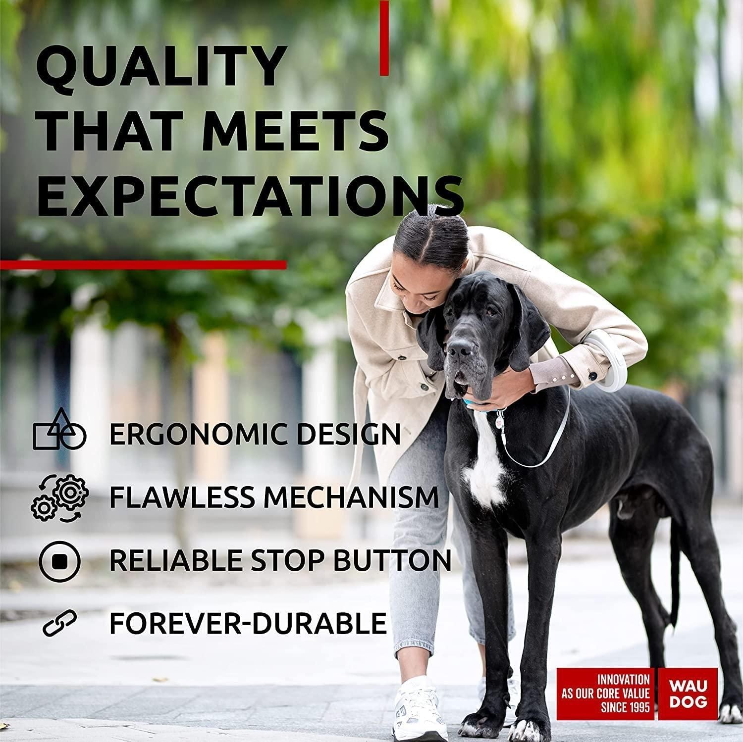 Hands free retractable dog leash with ergonomic design, flawless mechanism, and reliable stop button by PawCounter.com
