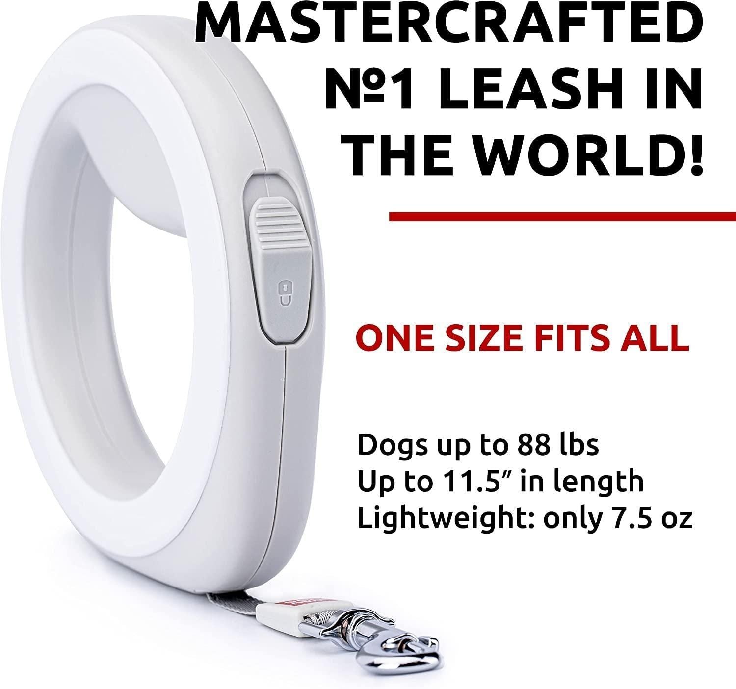 White hands free retractable dog leash with ergonomic design for dogs up to 88 lbs