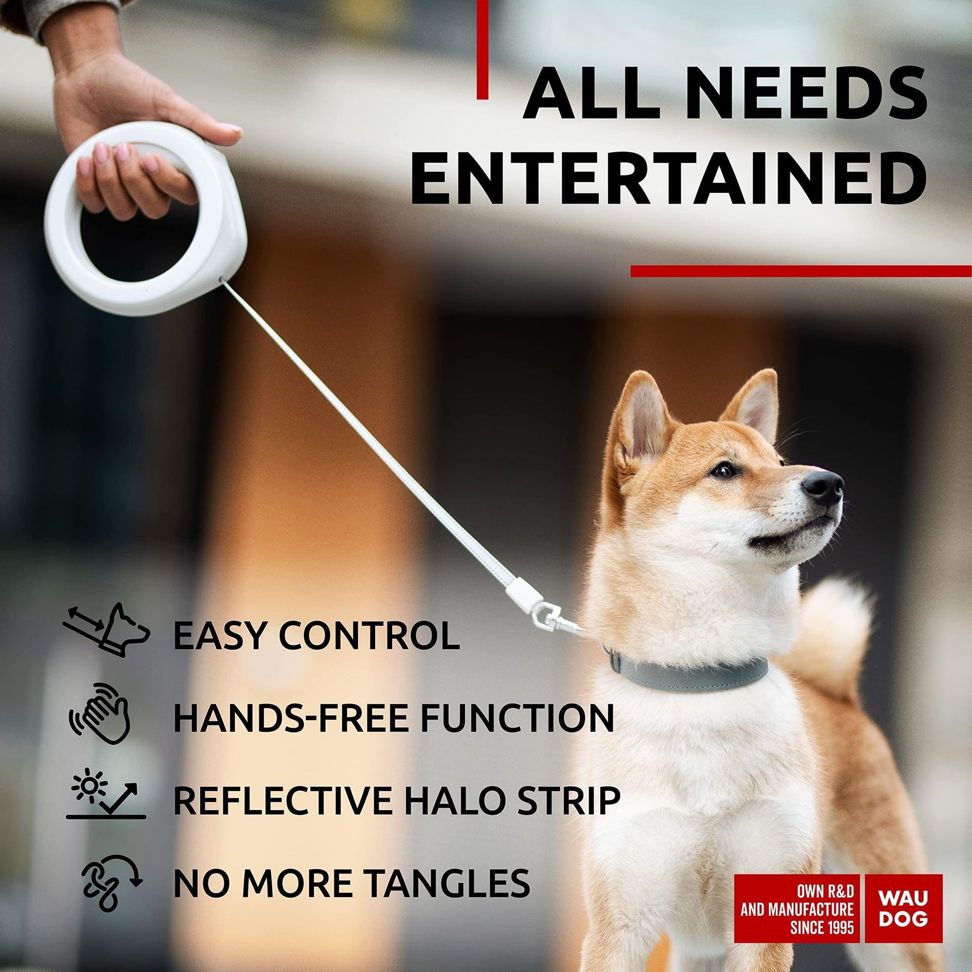 Hands free retractable dog leash with easy control and reflective halo strip on a dog collar