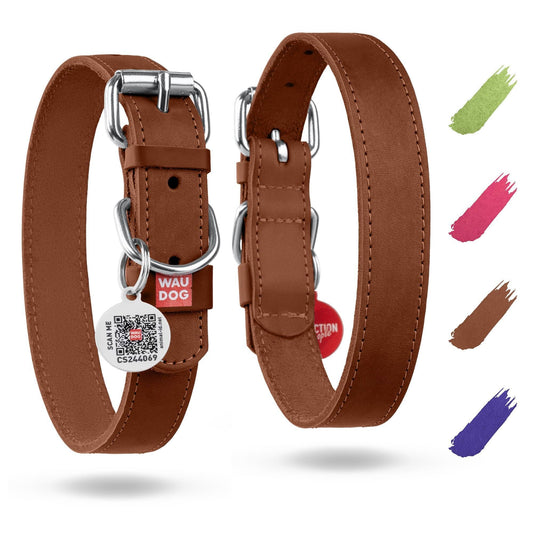 Adjustable leather dog collar in brown with metal buckle and ID tag by PawCounter.com