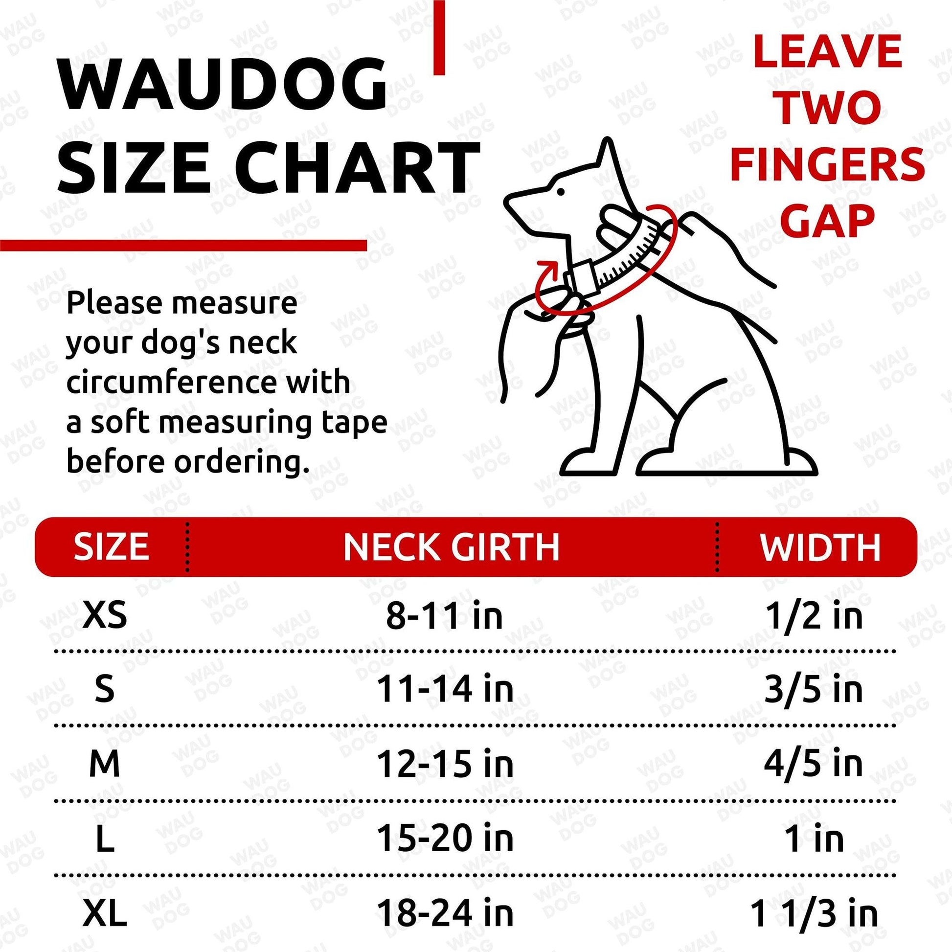 Size chart for leather dog collar adjustable showing neck girth and width measurements for dogs