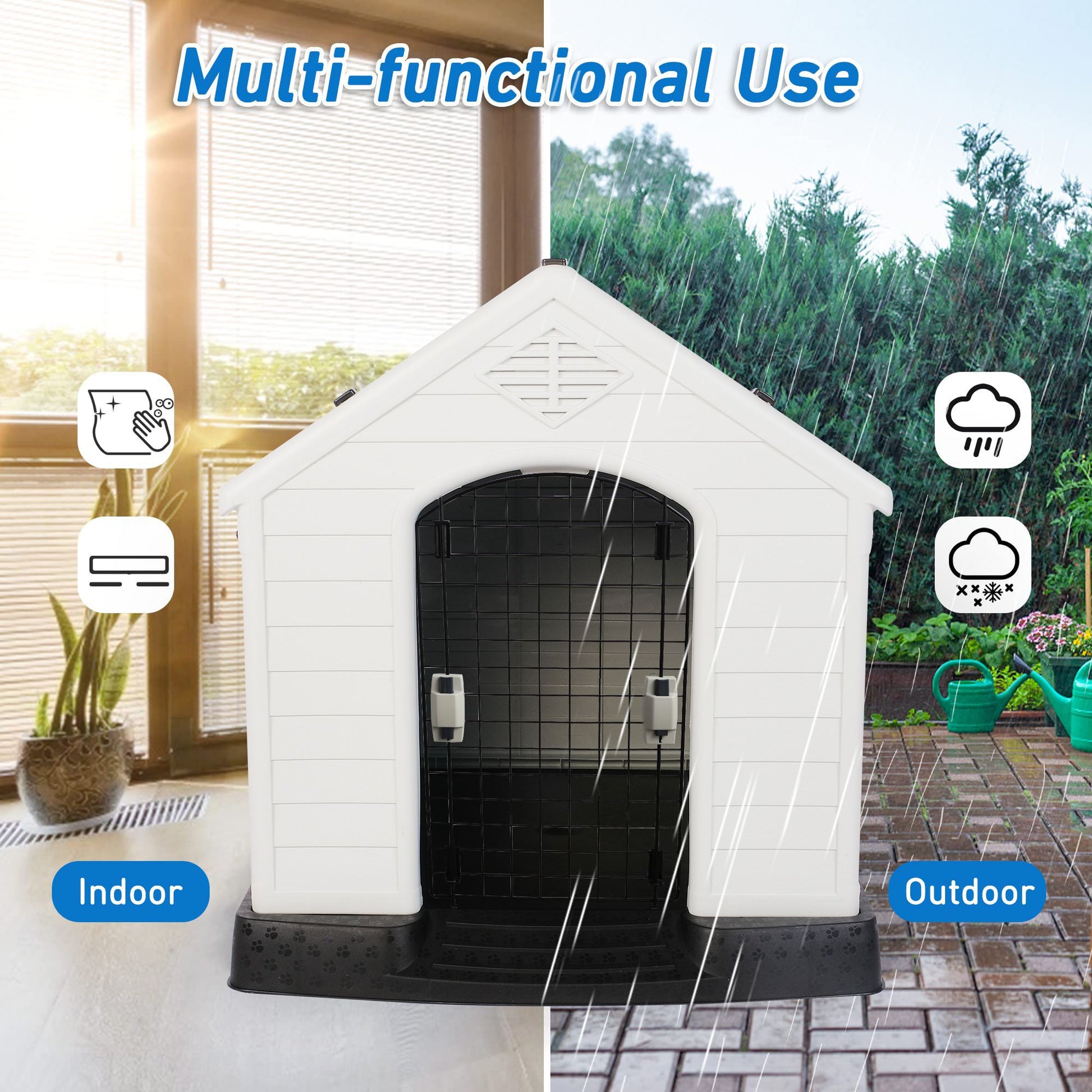 Weatherproof outdoor dog house with durable black door, suitable for indoor and outdoor use in rain and snow