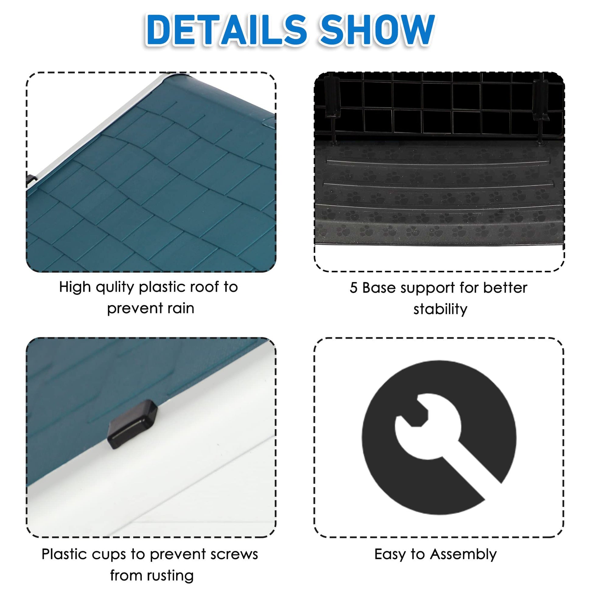 Close-up details of a weatherproof outdoor dog house showing plastic roof, base support, screw cups, and easy assembly