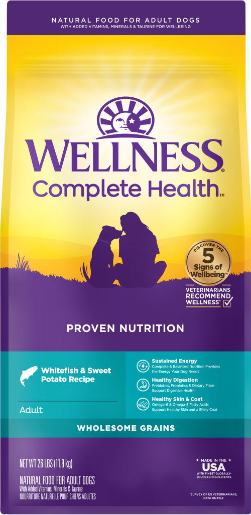 The Family Pet Wellness Complete Health whitefish and sweet potato dog food for adult dogs with wholesome grains